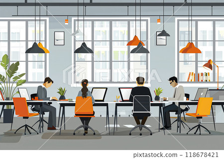Vector illustration of a modern office space with sleek desks, ergonomic chairs, and employees working on laptops 118678421