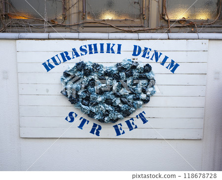 A sign of Kurashiki Denim Street in Kurashiki bikan historical quarter area A sign of Kurashiki Denim Street in Kurashiki bikan historical quarter area 118678728