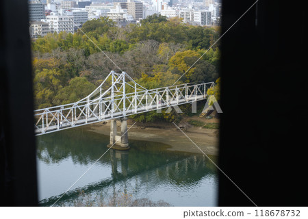 Tsukimi bridge view from the top of Okayama Castle Tsukimi bridge view from the top of Okayama Castle 118678732