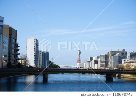 A distant view of the Hakata Port Tower in Fukuoka Japan 118678742