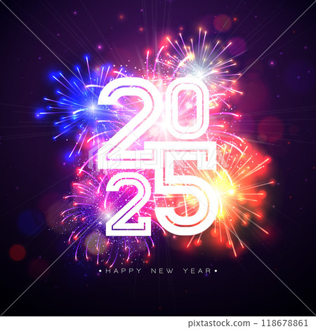 2025 Happy New Year Illustration with White Number and Fireworks on Night Blue Background. Holiday Design with Typography Lettering for Flyer, Greeting Card, Banner, Celebration Poster, Party 2025 Happy New Year Illustration with White Number and Fireworks on Night Blue Background. Holiday Design with Typography Lettering for Flyer, Greeting Card, Banner, Celebration Poster, Party 118678861
