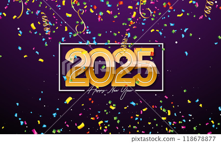 2025 Happy New Year Illustration with Golden Number and Falling Confetti on Purple Background. Holiday Design with Typography Lettering for Flyer, Greeting Card, Banner, Celebration Poster, Party 2025 Happy New Year Illustration with Golden Number and Falling Confetti on Purple Background. Holiday Design with Typography Lettering for Flyer, Greeting Card, Banner, Celebration Poster, Party 118678877