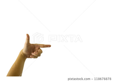 A close-up image of a man is hand pointing at something against a white background, A close-up image of a man is hand pointing at something against a white background, 118678878