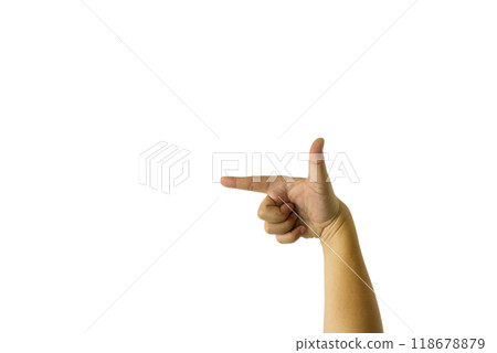 A close-up of a man is hand pointing at something against a white background, 118678879
