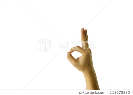 Male hand showing okay sign with something on white background near hand 118678880