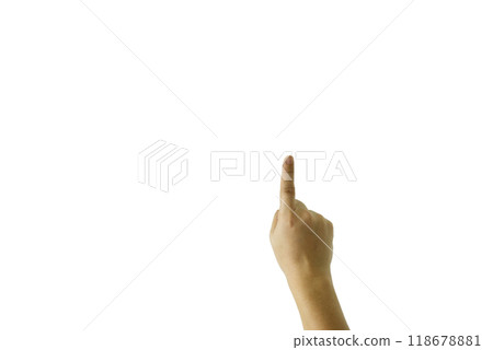 Man pointing at something on white background, closeup of hand Man pointing at something on white background, closeup of hand 118678881