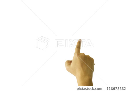 The index finger of a male hand is extended, pointing towards a particular target or object, The index finger of a male hand is extended, pointing towards a particular target or object, 118678882