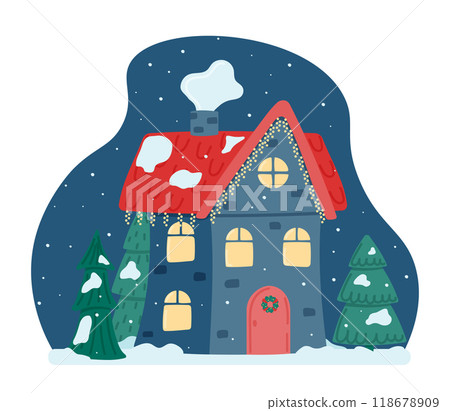 Cute Christmas and winter house. Decorated house on the background of the night sky, falling snow, fir trees. Vector illustration in a flat style. 118678909