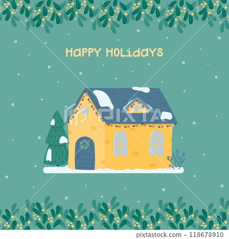 Happy holidays greeting card. Cute Christmas and winter house. Decorated house on the background of the falling snow, fir trees and a snowman. Vector illustration in a flat sty 118678910