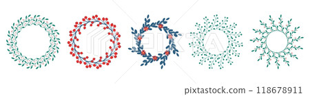 Set of wreaths on a white background. Set of round frames made of stylized twigs and flowers. Vector illustration in a flat style. 118678911