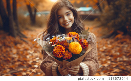 A young girl holding a bouquet of marigolds and cosmos that symbolizes cheerfulness, warmth, creativity, passion and harmony A young girl holding a bouquet of marigolds and cosmos that symbolizes cheerfulness, warmth, creativity, passion and harmony 118678944