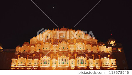 Hawa Mahal Palace In Night Illuminations. Palace Of Winds. Built From Red And Pink Sandstone. Very Unique As It Has Many Small Windows And Balconies That Seem Like Honeycomb. Maharaja Sawai Pratap Hawa Mahal Palace In Night Illuminations. Palace Of Winds. Built From Red And Pink Sandstone. Very Unique As It Has Many Small Windows And Balconies That Seem Like Honeycomb. Maharaja Sawai Pratap 118678946