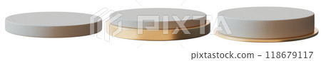 Three golden and beige round podiums isolated on white background. Modern minimalist mock up for product display. Cut out pedestal or platform. Elegance and luxury. Premium merchandise. 3D render. Three golden and beige round podiums isolated on white background. Modern minimalist mock up for product display. Cut out pedestal or platform. Elegance and luxury. Premium merchandise. 3D render. 118679117