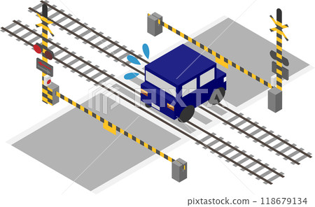 Isometric image of a car stuck at a railroad crossing Isometric image of a car stuck at a railroad crossing 118679134