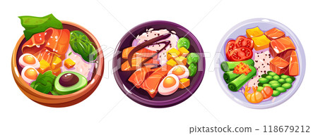 Poke bowl in plates with rice, fish and vegetables Poke bowl in plates with rice, fish and vegetables 118679212