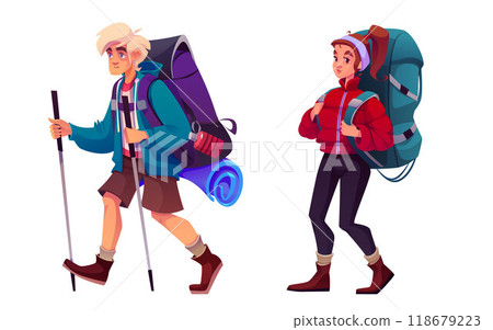 Hiker tourist with backpack during walk travel Hiker tourist with backpack during walk travel 118679223