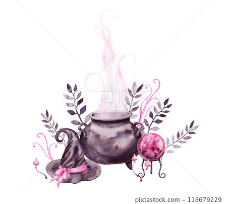 Halloween, sabbath clipart. Black cauldron with potion, poisonous mushrooms, witch hat, pink magic ball of predictions for mysterious fortune telling. Watercolor hand drawn cut out isolated picture 118679229