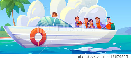 Happy boy with treasure chest on motor boat 118679235