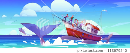 Large whale pushing fishing boat from underwater Large whale pushing fishing boat from underwater 118679240
