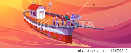 Men and teens tourists on fishing boat on sunrise Men and teens tourists on fishing boat on sunrise 118679241