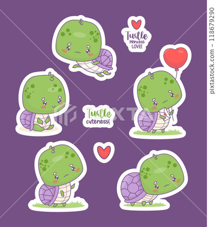 Cute turtles stickers. Funny cartoon animal floating, with balloon and cool phrases slogans. Isolated kawaii characters. Vector illustration. Kids collection. 118679290