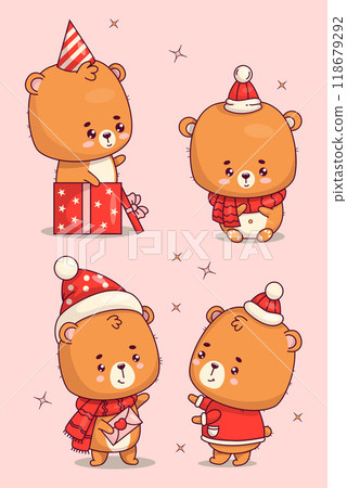 Cute holiday bears set. Teddy bear boy and girl in winter clothes, with letter, birthday boy and in gift box. Isolated festive animals kawaii character. Vector illustration. Kids collection. Cute holiday bears set. Teddy bear boy and girl in winter clothes, with letter, birthday boy and in gift box. Isolated festive animals kawaii character. Vector illustration. Kids collection. 118679292