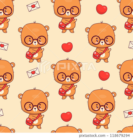 Seamless pattern with cute bear teddy with glasses on yellow background. Funny kawaii animal character. Vector illustration. Kids collection. 118679294