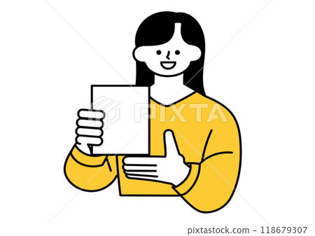A female office worker showing a document and explaining it to us A female office worker showing a document and explaining it to us 118679307