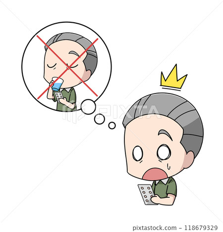 Illustration of an elderly man who forgot to take his medicine Illustration of an elderly man who forgot to take his medicine 118679329