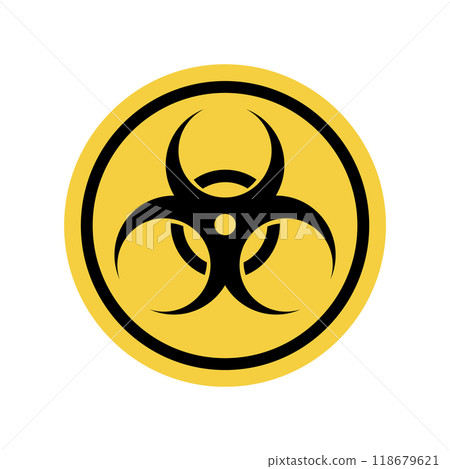 Danger warning board icon, biological hazard. Caution and dangerous area. Yellow sign for safety, hazard shock. Keep out caution warning and risk zone. Vector cartoon illustration 118679621