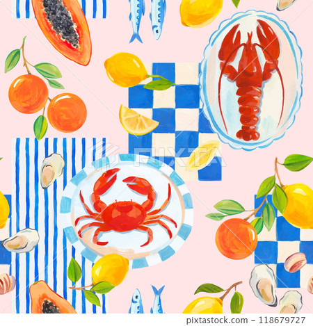 Beautiful vector seamless Summer Vacation Seamless pattern. Greek pattern with sardines, lemon, oysters, mussels, papaya, lobster and crab. Mediterranean bright print. Greek style. Beautiful vector seamless Summer Vacation Seamless pattern. Greek pattern with sardines, lemon, oysters, mussels, papaya, lobster and crab. Mediterranean bright print. Greek style. 118679727