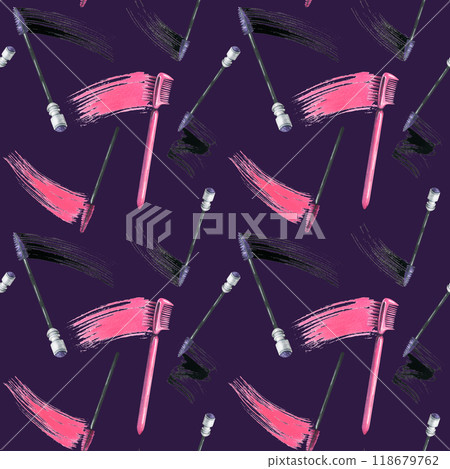 Brushes for combing eyelashes and eyebrows with a smear of black and pink paint, mascara. Watercolor illustration, hand drawn. Seamless pattern on a dark purple background Brushes for combing eyelashes and eyebrows with a smear of black and pink paint, mascara. Watercolor illustration, hand drawn. Seamless pattern on a dark purple background 118679762