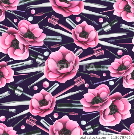 Cosmetics and brushes for eyes and eyebrows, tubes with pink anemone flowers. Watercolor illustration hand drawn. Seamless pattern on a dark purple background. For eyelash extension and lamination. Cosmetics and brushes for eyes and eyebrows, tubes with pink anemone flowers. Watercolor illustration hand drawn. Seamless pattern on a dark purple background. For eyelash extension and lamination. 118679765