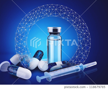 Pils and syringe on blue background 118679785