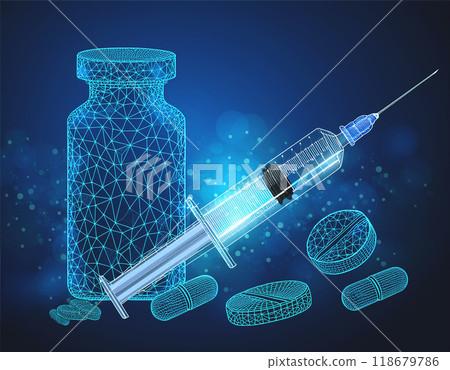 Pils and syringe on blue background 118679786