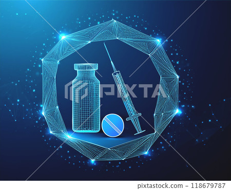 Pils and syringe on blue background 118679787