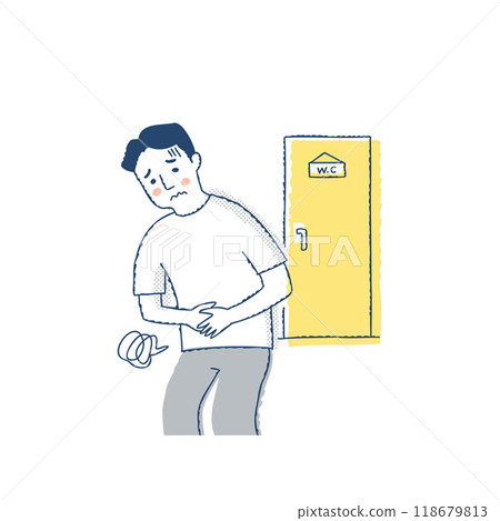 一個男人在廁所前摀著肚子 118679813