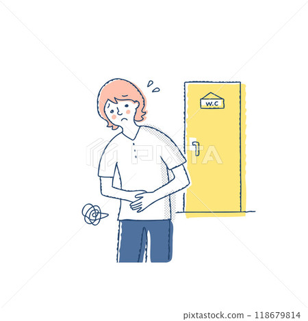 A woman holding her stomach in front of the toilet A woman holding her stomach in front of the toilet 118679814