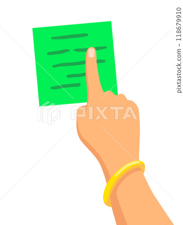 Hand and sticker. Sticky note. Realistic reminder on adhesive tapes. Writing memos on sheet of paper. Vector colorful illustration of notepaper page 118679910