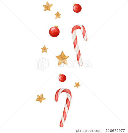 Watercolor seamless pattern with Christmas candies, stars, Christmas tree balls on a white background 118679977