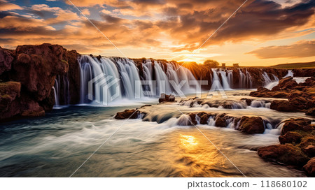 Picturesque Waterfall with Warm Sunset Reflections 118680102