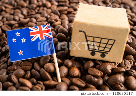 New Zealand flag with shopping cart on coffee bean, import export trade online commerce concept. New Zealand flag with shopping cart on coffee bean, import export trade online commerce concept. 118680117