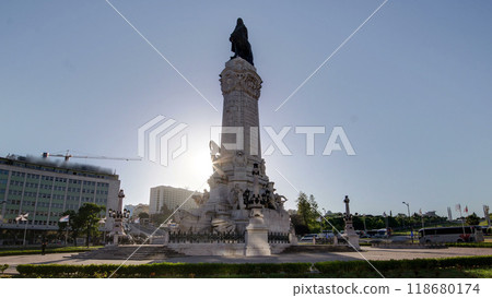 The Marquess of Pombal Square with sunset which is an important roundabout in the center of Lisbon timelapse 118680174