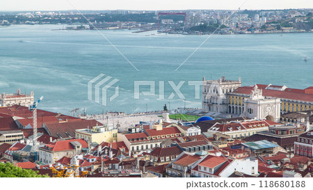 Bird view of Lisboa downtown. Baixa rooftops with the Commerce square. Portugal timelapse 118680188
