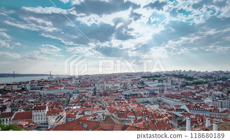 Bird view of Lisboa downtown. Baixa rooftops with the Commerce square. Portugal timelapse Bird view of Lisboa downtown. Baixa rooftops with the Commerce square. Portugal timelapse 118680189