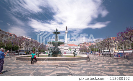 The National Theatre D. Maria. Rossio Square with fountain, Lisbon, Portugal timelapse hyperlapse 118680192