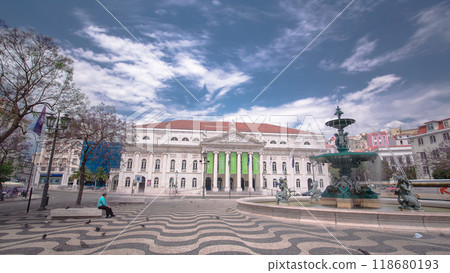 The National Theatre D. Maria. Rossio Square with fountain, Lisbon, Portugal timelapse hyperlapse 118680193