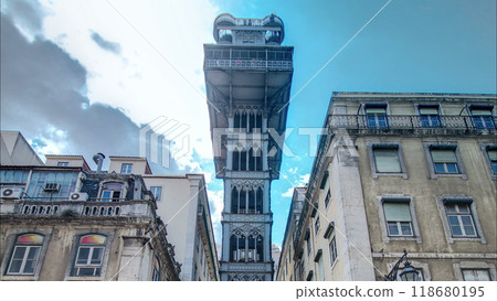 Historic elevator Santa Justa, lift in Lisbon, Portugal. Elevador de Santa Justa timelapse 118680195