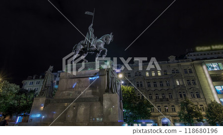 St. Wenceslas statue night timelapse hyperlapse, New town in Prague, Czech republic. St. Wenceslas statue night timelapse hyperlapse, New town in Prague, Czech republic. 118680196