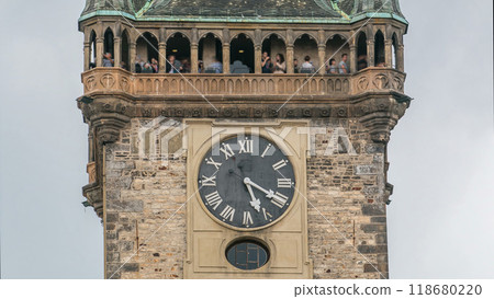 Old Town Hall tower of Prague timelapse with Astronomical Clock close up view, Czech Republic. Old Town Hall tower of Prague timelapse with Astronomical Clock close up view, Czech Republic. 118680220